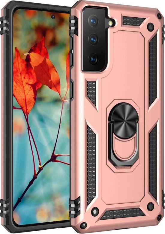 Samsung Galaxy S21 5G Hoesjes – Anti-Shock Hybride Ring Armor Backcover – Schokbestendig – Roségoud-Ilumina Benelux