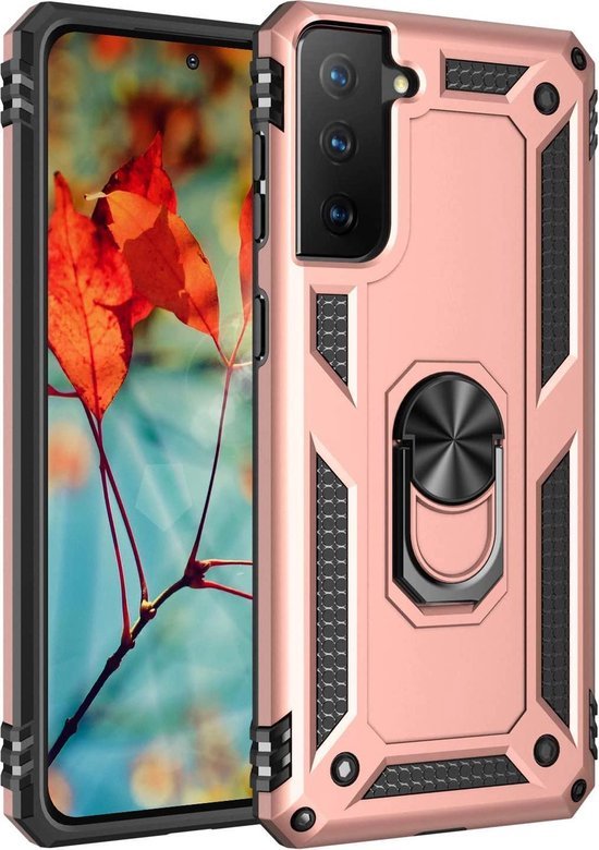 Samsung Galaxy S21 Plus Hoesjes – Anti-Shock Hybride Ring Armor Backcover – Schokbestendig – Roségoud-Ilumina Benelux