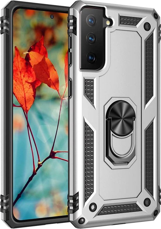 Samsung Galaxy S21 FE Hoesjes – Ring Armor Backcover – 360° Draaibare Standaard – Magneet – Zilver-Ilumina Benelux