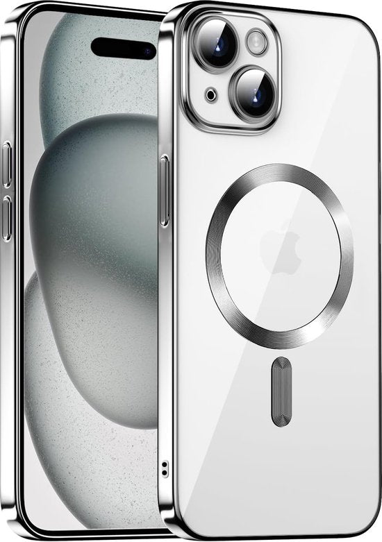 iPhone 15 Pro Max Hoesjes – Magnetische Clear Siliconen Backcover – Camera Lens Protector – MagSafe – Zilver-Ilumina Benelux