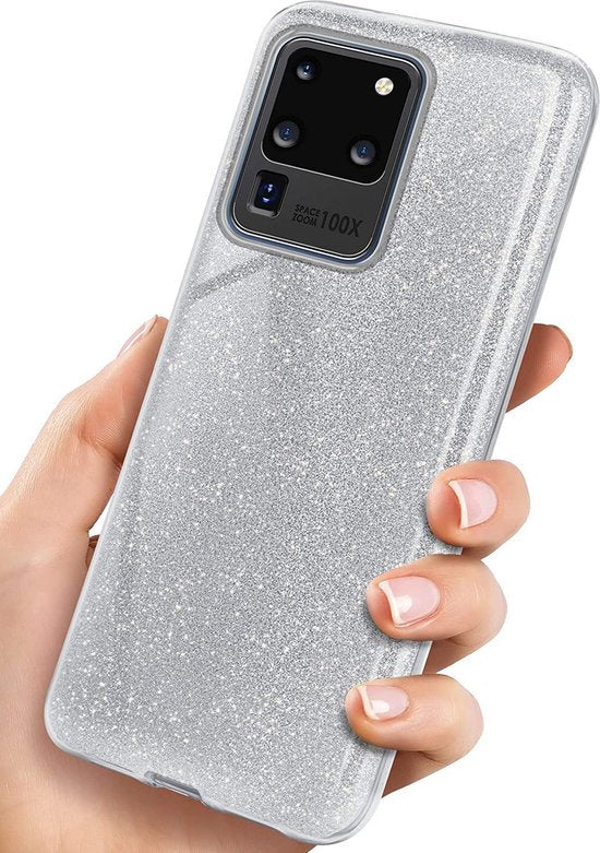 Samsung Galaxy S20 Ultra Hoesjes – Siliconen TPU Backcover – Glitters BlingBling Cover – Zilver-Ilumina Benelux