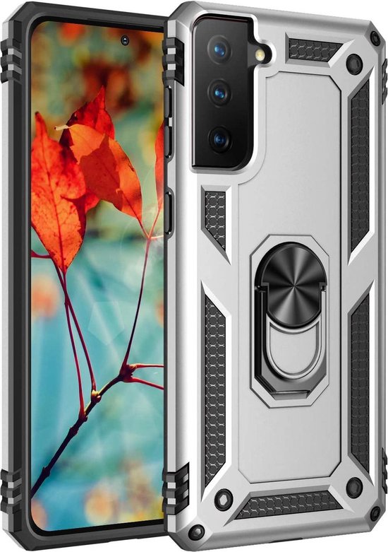 Samsung Galaxy S21 5G Hoesjes – Anti-Shock Hybride Ring Armor Backcover – Schokbestendig – Zilver-Ilumina Benelux