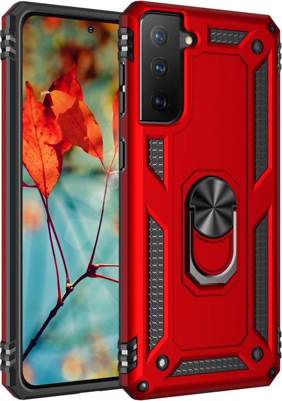 Samsung Galaxy S21 FE Hoesjes – Hybride Ring Armor Backcover – Schokbestendig – Anti-Shock – Rood-Ilumina Benelux