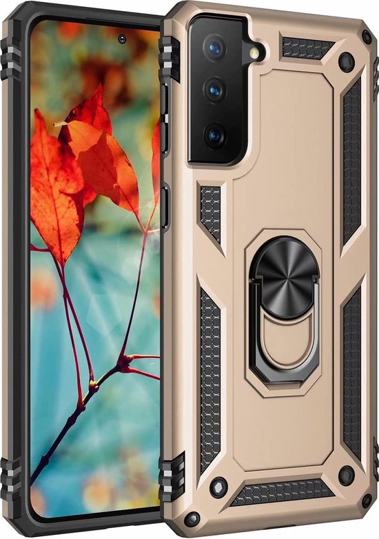 Samsung Galaxy S21 FE Hoesjes – Ring Armor Backcover – 360° Draaibare Standaard – Magneet – Goud-Ilumina Benelux