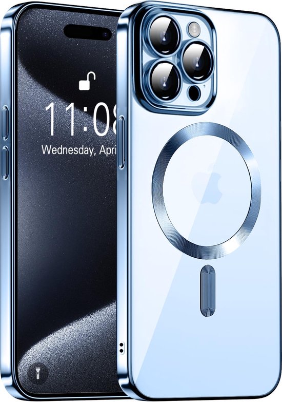 iPhone 15 Pro Max Hoesjes – Magnetische Clear Siliconen Backcover – Camera Lens Protector – MagSafe – Blauw-Ilumina Benelux