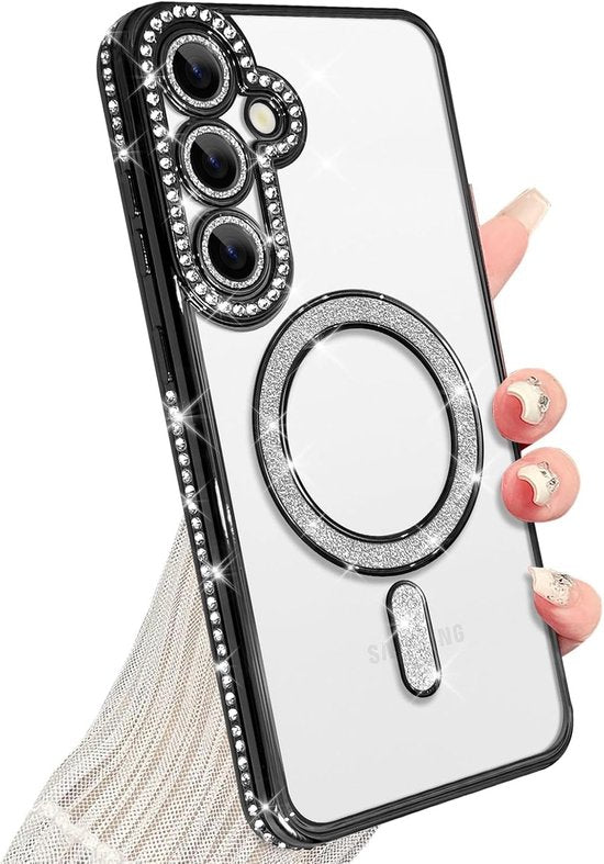 Magnetische Hoesje Geschikt voor: Samsung Galaxy S24 / Galaxy S25 Magsafe - Sparkle Glitter - Meisjes Vrouwen - Zachte TPU Cover - Zwart