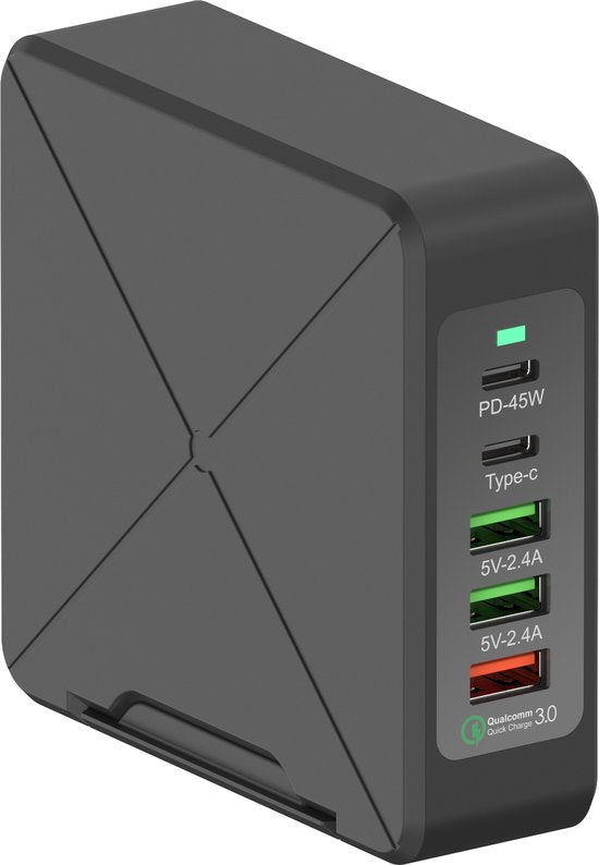 Oplader – 75W 5-poorts USB-C PD 45W & QC3.0 – Snelladen – Geschikt voor iPhone/iPad/Android-Oplader-Ilumina Benelux