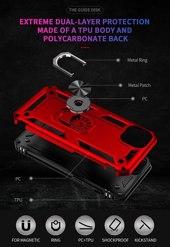 iPhone 14 Plus Hoesjes – Ring Armor Backcover – 360° Draaibare Kickstand Ring – Magneet – Rood-Ilumina Benelux
