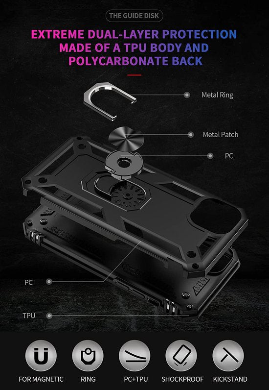 iPhone 14 Hoesjes – Anti-Shock Hybride Ring Armor Backcover – Schokbestendig – Zwart-Ilumina Benelux