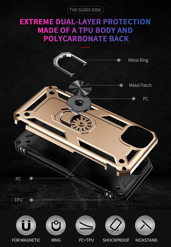 iPhone 14 Plus Hoesjes – Anti-Shock Hybrid Ring Armor Backcover – Schokbestendig – Goud-Ilumina Benelux