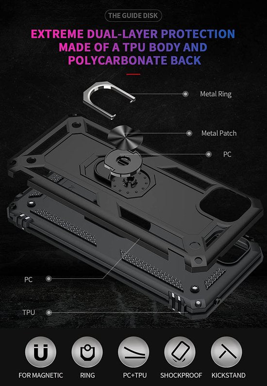 Samsung Galaxy A22 5G Hoesjes – Ring Armor Backcover – 360° Draaibare Standaard – Magneet – Zwart-Ilumina Benelux
