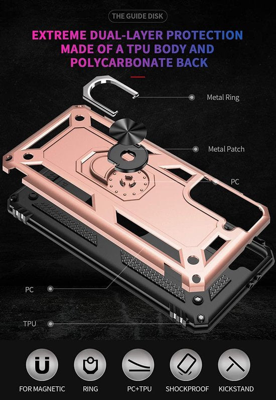 Samsung Galaxy S21 5G Hoesjes – Anti-Shock Hybride Ring Armor Backcover – Schokbestendig – Roségoud-Ilumina Benelux