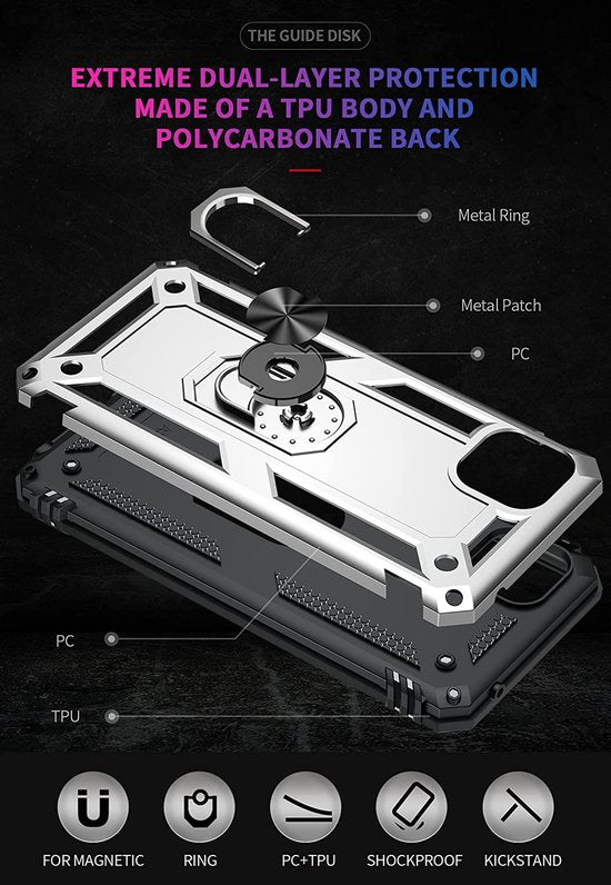 Samsung Galaxy A22 5G Hoesjes – Anti-Shock Hybride Backcover – Ringhouder – Armor Bescherming – Zilver-Ilumina Benelux
