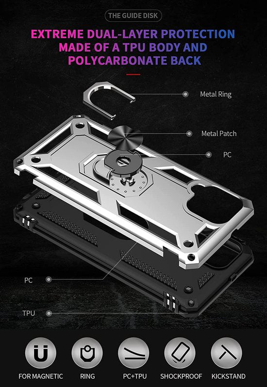 Samsung Galaxy A22 4G Hoesjes – Ring Armor Backcover – 360° Draaibare Standaard – Magneet – Zilver-Ilumina Benelux