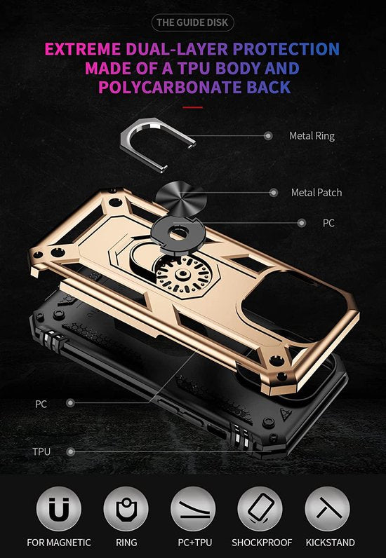 iPhone 14 Pro Max Hoesjes – Anti-Shock Hybride Ring Armor Backcover – Schokbestendig – Goud-Ilumina Benelux