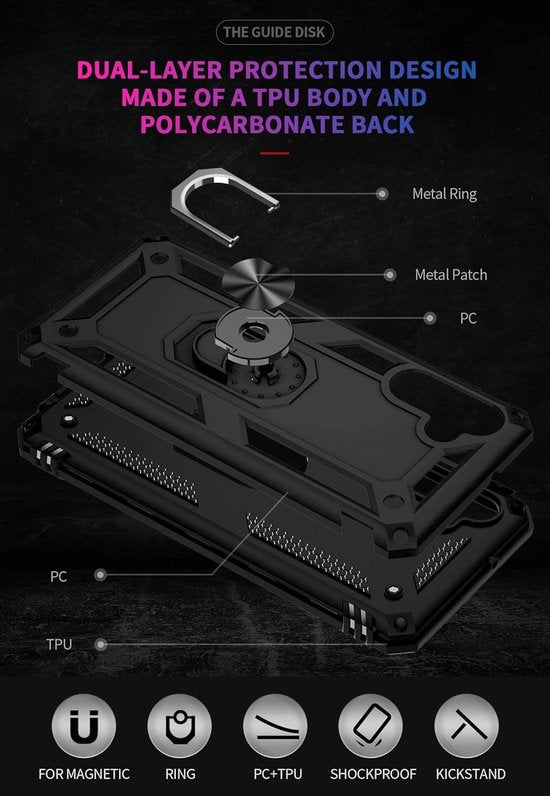 Anti-Shock Hybrid Ring Armor Hoesje Geschikt voor: Samsung Galaxy A25 4G & 5G - Zwart