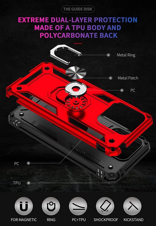 Xiaomi Redmi 10C Hoesjes – Ring Armor Backcover – 360° Draaibare Standaard – Magneet – Rood-Ilumina Benelux