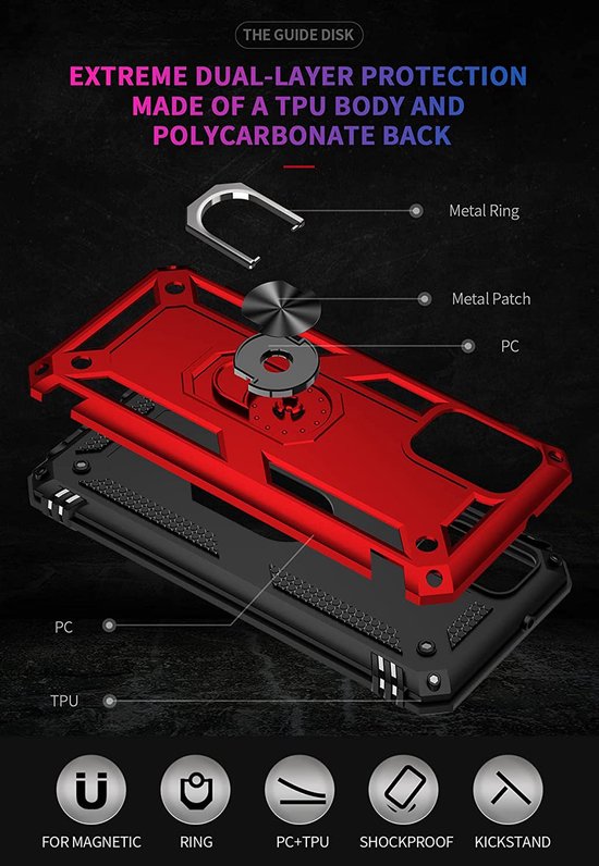 Samsung Galaxy A03S Hoesjes – Anti-Shock Hybride Ring Armor Backcover – Schokbestendig – Rood-Ilumina Benelux