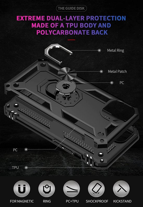 iPhone 13 Hoesjes – Anti-Shock Hybride Backcover – Ringhouder – Armor Bescherming – Zwart-Ilumina Benelux
