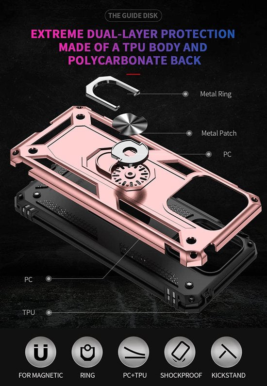 Xiaomi Redmi 10C & Poco C40 Hoesjes – Ring Armor Backcover – 360° Draaibare Standaard – Magneet – Roségoud-Ilumina Benelux