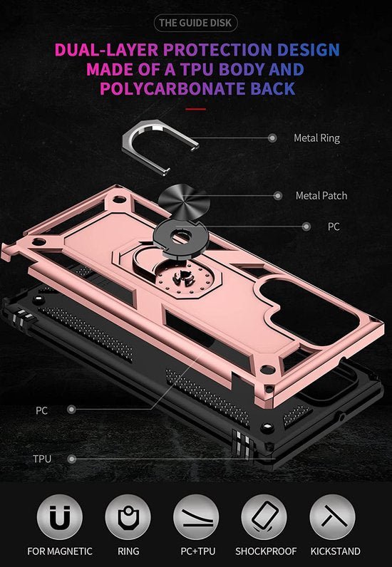 Samsung Galaxy S22 Ultra Hoesjes – Anti-Shock Hybride Ring Armor Backcover – Schokbestendig – Roségoud-Ilumina Benelux