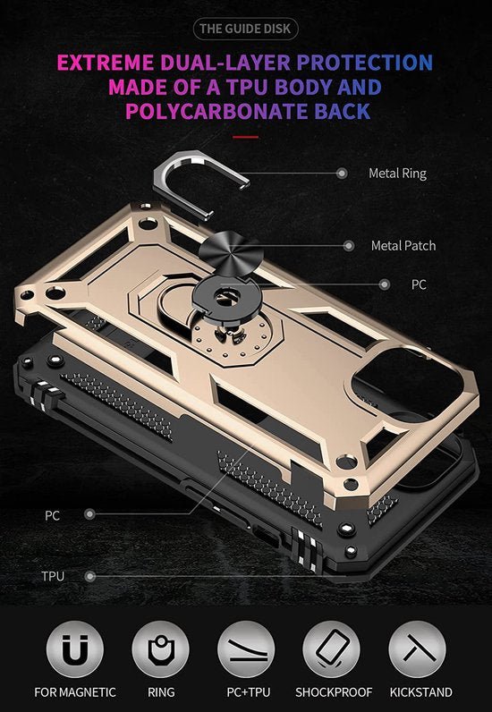 iPhone 13 Mini Hoesjes – Anti-Shock Hybride Ring Armor Backcover – Schokbestendig – Goud-Ilumina Benelux