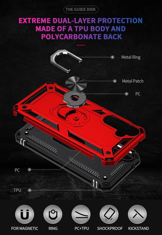 Samsung Galaxy S24 FE Hoesjes – Anti-Shock Hybrid Backcover – Ring Armor – Schokbestendig – Rood-Ilumina Benelux
