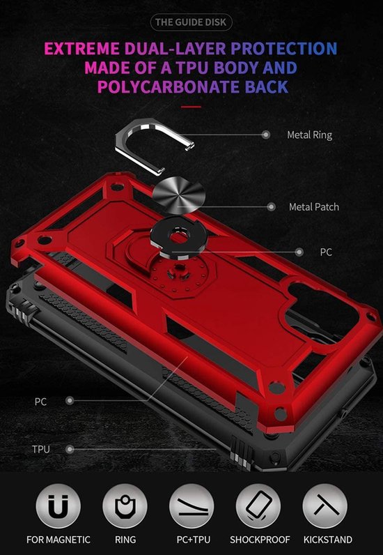Huawei P40 Lite Hoesjes – Rugged Ring Armor Backcover – Schokbestendig – Rood-Ilumina Benelux