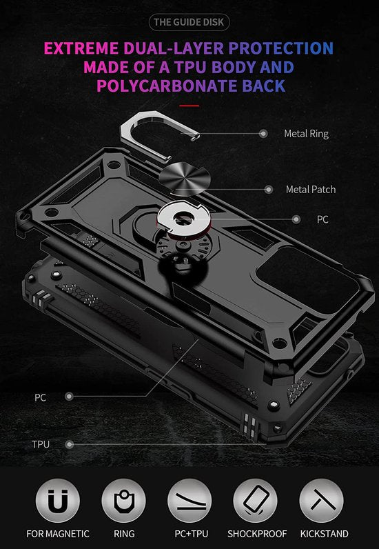 Oppo A76 Hoesjes – Anti-Shock Hybride Ring Armor Backcover – Schokbestendig – Zwart-Ilumina Benelux