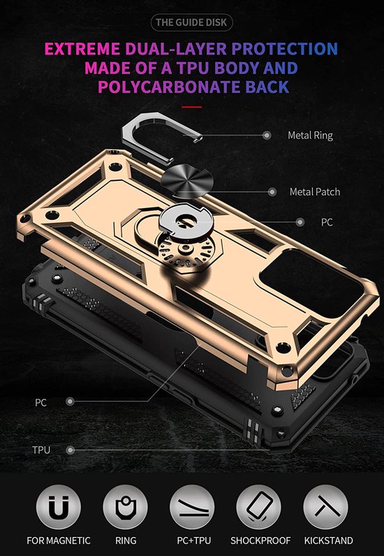 Oppo A76 Hoesjes – Anti-Shock Hybride Ring Armor Backcover – Schokbestendig – Goud-Ilumina Benelux
