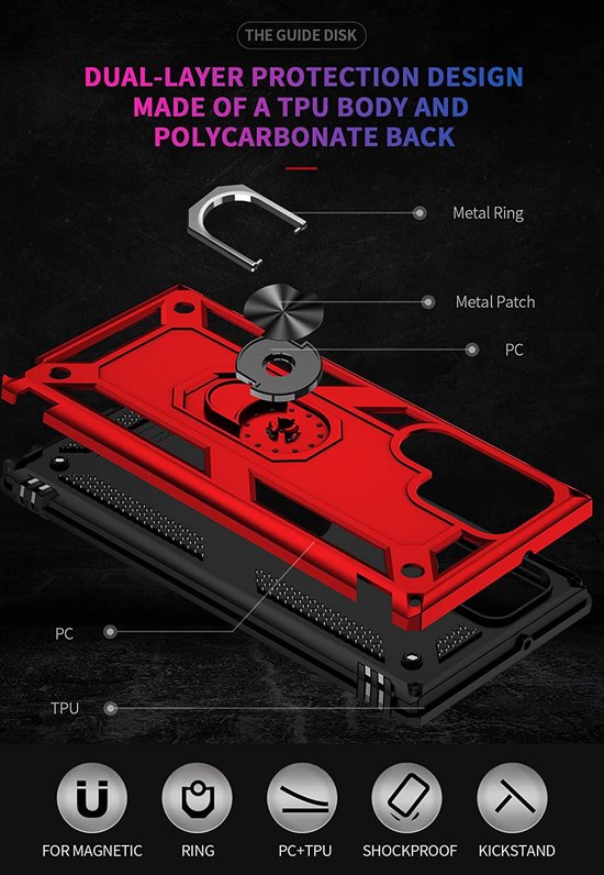 Samsung Galaxy S22 Ultra Hoesjes – Anti-Shock Hybride Backcover – Ring Armor – Schokbestendig – Rood-Ilumina Benelux