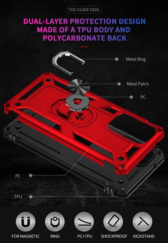 Samsung Galaxy A33 5G Hoesjes – Anti-Shock Hybride Ring Armor Backcover – Schokbestendig – Rood-Ilumina Benelux