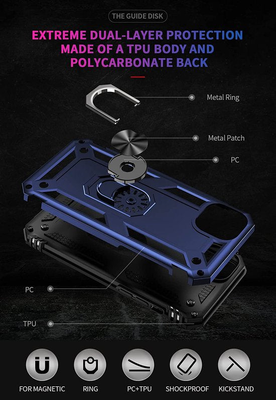 iPhone 14 Plus Hoesjes – Anti-Shock Hybride Backcover – Ringhouder – Armor Design – Blauw-Ilumina Benelux