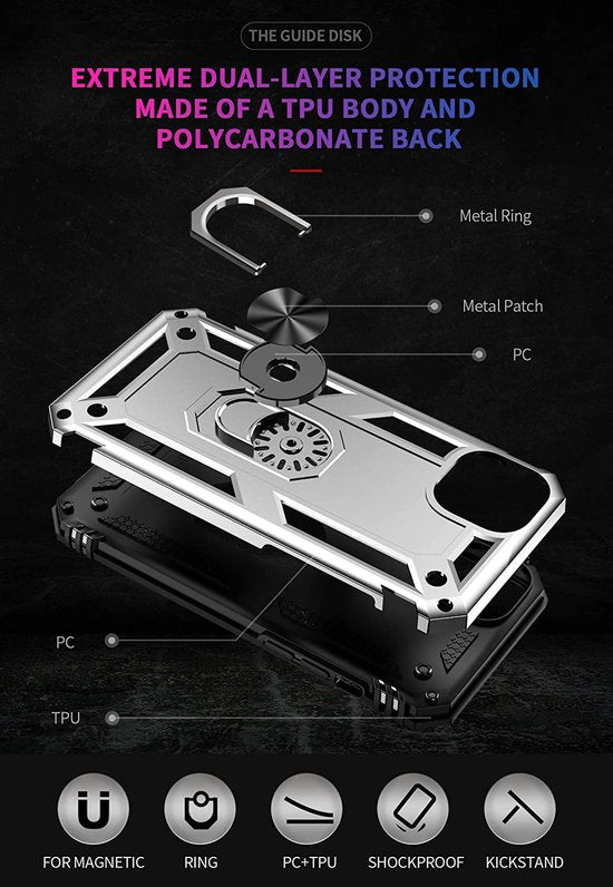 iPhone 14 Hoesjes – Anti-Shock Hybride Ring Armor Backcover – Schokbestendig – Zilver-Ilumina Benelux