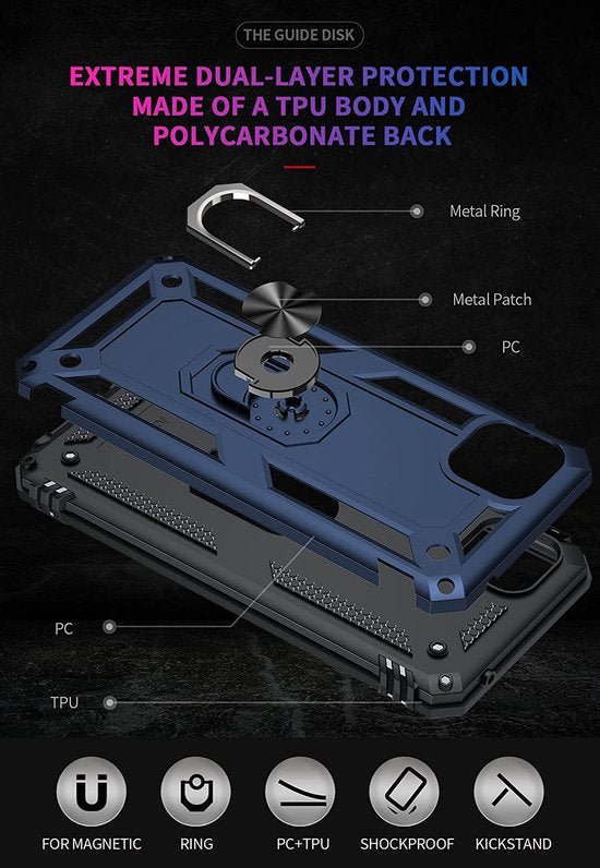 Samsung Galaxy A22 5G Hoesjes – Anti-Shock Hybride Backcover – Ringhouder – Armor Bescherming – Blauw-Ilumina Benelux