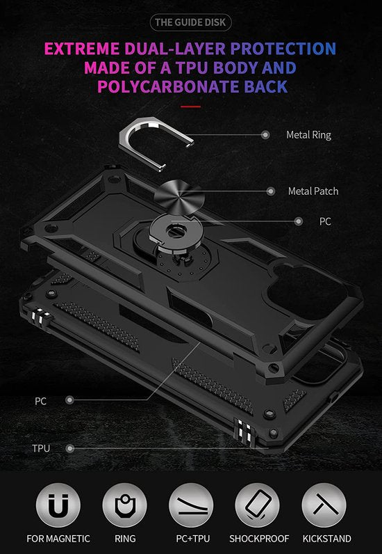 Samsung Galaxy A22 4G Hoesjes – Ring Armor Backcover – 360° Draaibare Standaard – Magneet – Zwart