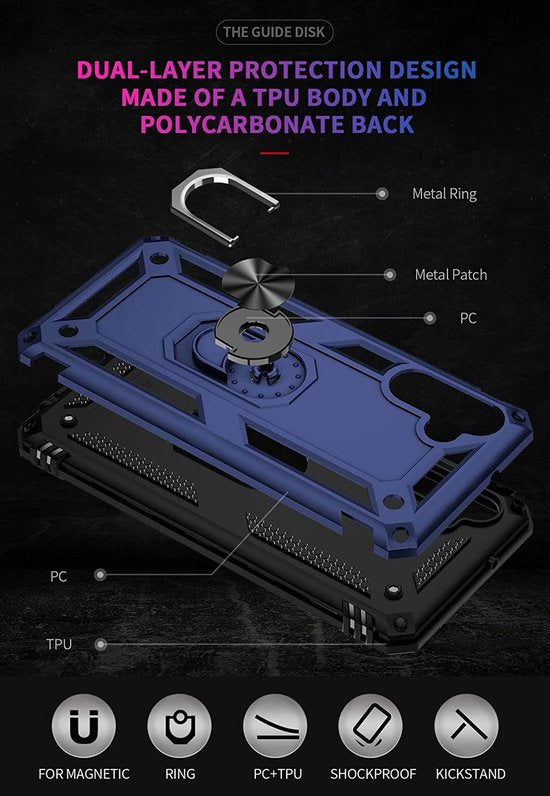 Samsung Galaxy A13 5G / A04s Hoesjes – Ring Armor Backcover – 360° Draaibare Standaard – Magneet – Blauw-Ilumina Benelux