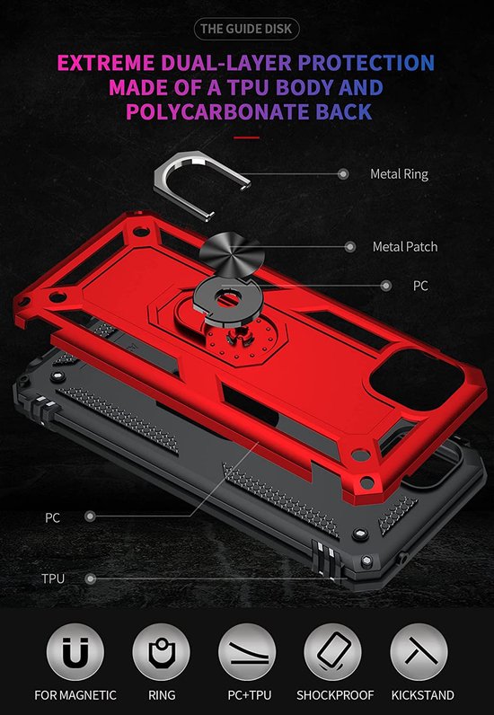 Samsung Galaxy A22 5G Hoesjes – Anti-Shock Hybride Backcover – Ringhouder – Armor Bescherming – Rood-Ilumina Benelux