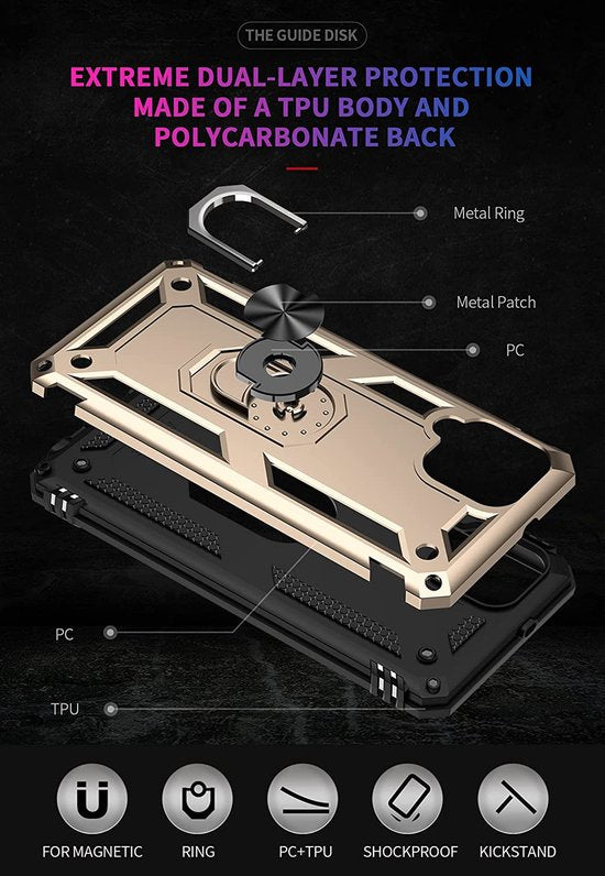 Samsung Galaxy A22 4G Hoesjes – Ring Armor Backcover – 360° Draaibare Standaard – Magneet – Goud