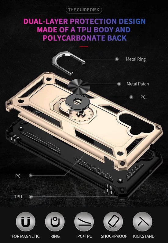 Samsung Galaxy A13 5G / A04s Hoesjes – Ring Armor Backcover – 360° Draaibare Standaard – Magneet – Goud-Ilumina Benelux