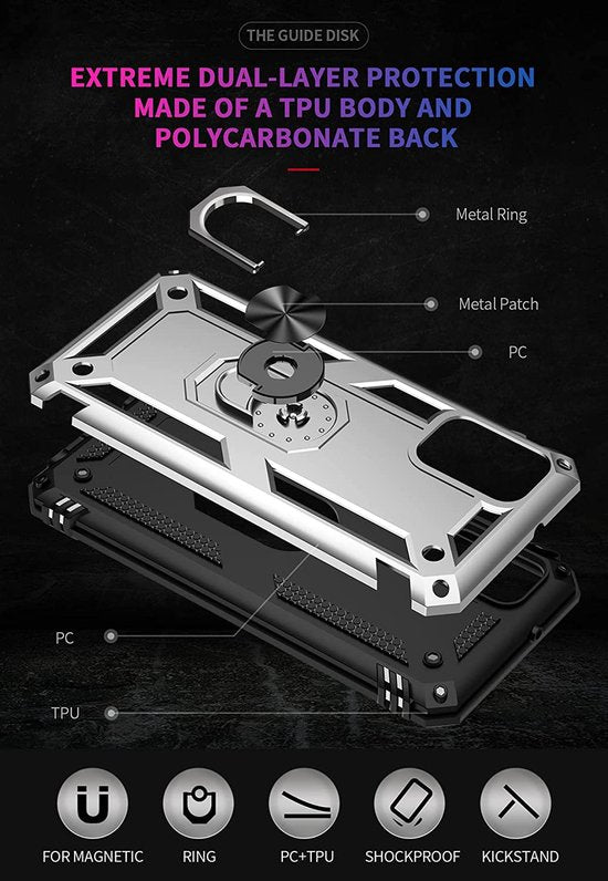 Samsung Galaxy A03S Hoesjes – Anti-Shock Hybride Ring Armor Backcover – Schokbestendig – Zilver-Ilumina Benelux