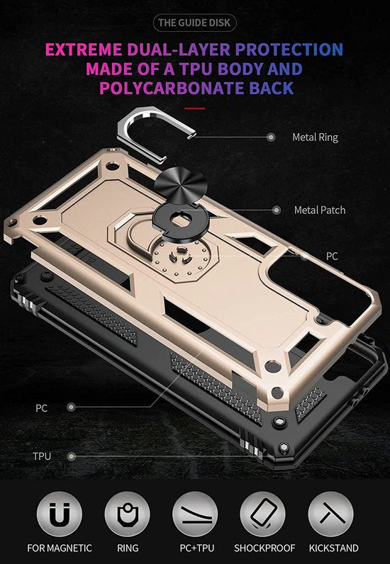 Samsung Galaxy S21 FE Hoesjes – Ring Armor Backcover – 360° Draaibare Standaard – Magneet – Goud-Ilumina Benelux