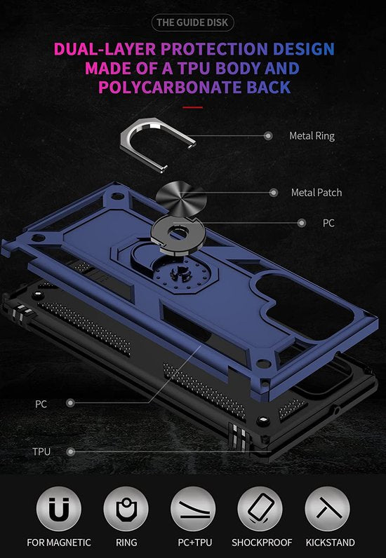 Samsung Galaxy S22 Ultra Hoesjes – Anti-Shock Hybride Ring Armor Backcover – Schokbestendig – Blauw-Ilumina Benelux