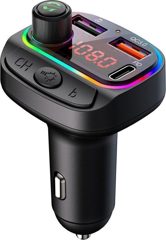FM Transmitter Auto – Bluetooth 5.0 Carkit – MP3 Speler – Snelladen USB & USB-C – Handsfree – 7-Kleuren LED – Zwart-Ilumina Benelux