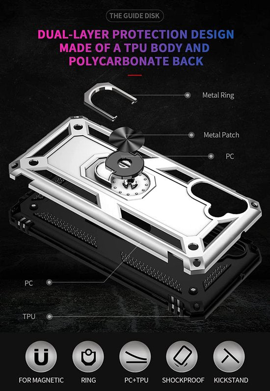 Samsung Galaxy M13 5G Hoesjes – Hybride Ring Armor Backcover – Anti-Shock – Schokbestendig – Zilver-Ilumina Benelux