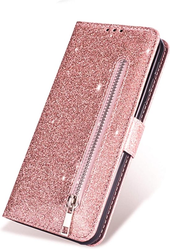 Samsung Galaxy A20s Hoesjes – Glitter Portemonnee Hoes – Rits & Koord – Pasjeshouder – Roségoud-Ilumina Benelux