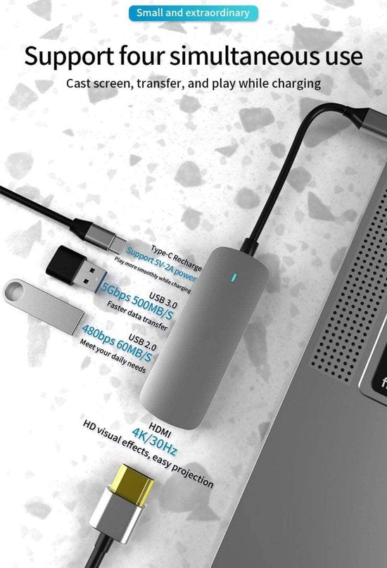 USB-C Hub – 4-in-1 Dockingstation – HDMI 4K – 100W PD – USB 3.0/2.0 – Aluminium – Geschikt voor MacBook/Windows laptops-Ilumina Benelux