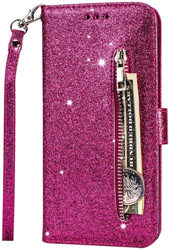 Samsung Galaxy A12 Hoesjes – Glitter Portemonnee Case – Rits & Koord – Pasjeshouder – Roze-Ilumina Benelux