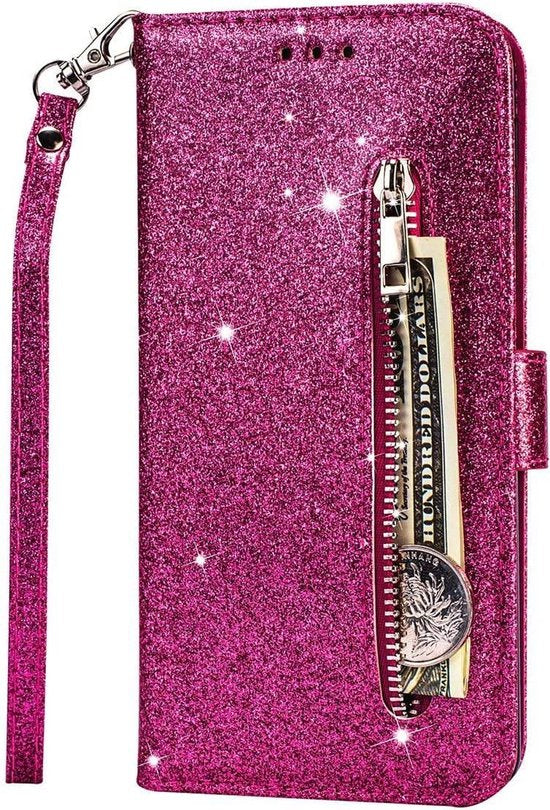 Samsung Galaxy A02s Hoesjes – Glitter Portemonnee Case met Rits – Koord – Pasjeshouder – Roze-Ilumina Benelux