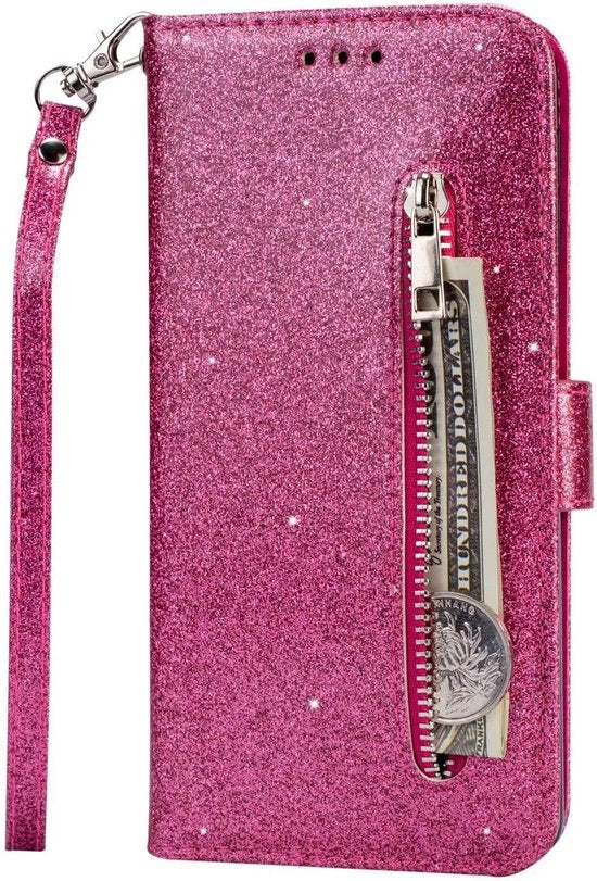Sparkly Glitter Wallet Hoesje met Rits & Koord Geschikt voor: Samsung Galaxy M21 / M30S - Roze
